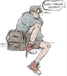  1boy backpack bag blonde_hair character_name closed_eyes english_text highres kekflo4 knee_up leon_s._kennedy out_of_frame resident_evil resident_evil_2 shoes short_hair shorts sitting sneakers wrapped_in_blanket 