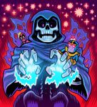  1girl 2boys blue_cloak blue_hood chibi cloak commentary dan_hipp deadpool death_(marvel) english_commentary glowing glowing_eyes glowing_hand halftone halftone_background heart heart-shaped_pupils highres hip_bones marvel marvel_snap multiple_boys official_art red_background red_theme shadow skeleton skull solo_focus sparkle spine symbol-shaped_pupils thanos toon_(style) torn_cloak torn_clothes 