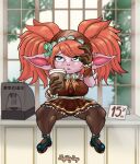 absurd_res beverage big_breasts big_hair bottomwear breasts brown_bottomwear brown_clothing brown_gloves brown_handwear brown_legwear brown_pantyhose brown_skirt brown_topwear cafe_cuties_poppy_(lol) clothed clothing eyelashes female footwear front_view fur gloves green_clothing green_eyes green_footwear green_shoes hair handwear hi_res holding_beverage holding_object humanoid humanoid_pointy_ears league_of_legends legwear nightlydayart orange_hair pantyhose pigtails pink_body pink_fur pointy_ears poppy_(lol) riot_games shoes shortstack sitting skirt solo tencent thick_thighs topwear wide_hips yordle