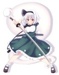  1girl absurdres black_bow black_bowtie black_hairband blue_eyes bow bowtie brown_shoes closed_mouth collared_shirt commentary_request frilled_skirt frills full_body green_skirt green_vest grey_hair hairband highres hitodama holding holding_sword holding_weapon katana kominato_haru konpaku_youmu konpaku_youmu_(ghost) looking_at_viewer mary_janes puffy_short_sleeves puffy_sleeves sheath sheathed shirt shoes short_sleeves simple_background skirt skirt_set socks solo sword sword_on_back touhou vest weapon weapon_on_back white_background white_shirt white_socks 