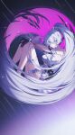  1girl absurdres ahoge bad_source blue_eyes breasts detached_sleeves dress flower frills hair_between_eyes high_ponytail highres honkai_(series) honkai_impact_3rd hyume_26 kiana_kaslana kiana_kaslana_(herrscher_of_finality) light_smile long_hair medium_breasts ponytail purple_background purple_hands sideboob solo sparkle symbol-shaped_pupils thigh_strap tiara very_long_hair white_hair 