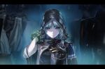  1girl arcane_(arknights) arknights arknights:_endfield baesong blue_eyes bracelet commentary_request green_hair grey_hair hood hood_up jewelry korean_commentary looking_at_viewer open_mouth people shadow solo_focus zipper 