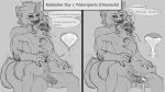 16:9 animal_genitalia anthro balls bladder_bulge bladder_press blush bodily_fluids canid canine catfoxyvelvet claws comic comic_panel dominant dominant_male dripping drooling_tongue english_text erection felid feline fluffy fluffy_tail full_bladder genital_fluids genitals heart_eyes heart_symbol hi_res hybrid kinktober_2026 knot knotted_penis male male/male mammal monochrome muscular muscular_male nipples nude nude_anthro omorashi on_lap open_mouth peeing peeing_on_another penis precum precum_drip shaking sheath sitting sitting_on_lap size_difference slim speech_bubble spread_legs spreading submissive submissive_male tail text twunk urine urine_in_bladder watersports widescreen