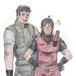  1boy 1girl :d black_gloves black_shirt brother_and_sister chris_redfield claire_redfield cowboy_shot fingerless_gloves gloves green_vest hand_on_another's_arm hands_on_own_hips highres kekflo4 resident_evil resident_evil_-_code:_veronica resident_evil_1 resident_evil_veronica shirt siblings smile smirk t-shirt teeth upper_teeth_only vest white_shirt 