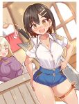  2girls :d ^_^ blonde_hair blue_shorts blush bra_visible_through_clothes breasts brown_hair button_gap cleavage closed_eyes collarbone collared_shirt commentary_request cougar_(cougar1404) cowboy_shot dutch_angle facing_another hair_ornament hairclip hand_on_own_ass hand_on_own_hip indoors large_breasts leg_ribbon looking_at_viewer multiple_girls nose_blush open_mouth orange_ribbon original parallel_hairclips purple_sweater ribbon shiny_skin shirt shirt_tucked_in shop short_hair short_sleeves shorts smile solo_focus sweatdrop sweater sword sword_on_back teeth thigh_ribbon thigh_strap tsurugi_(cougar1404) turtleneck turtleneck_sweater unworn_clothes upper_teeth_only weapon weapon_on_back white_shirt window yellow_eyes 