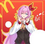  1girl :p ;p bag_over_head black_vest blue_eyes breasts commentary elf elysia_(honkai_impact) food french_fries highres holding holding_food honkai_(series) honkai_impact_3rd large_breasts long_hair looking_at_viewer mcdonald's neckerchief one_eye_closed pink_hair pointy_ears red_background red_skirt shirt skirt solo tlnoel tongue tongue_out very_long_hair vest white_shirt yellow_neckerchief 