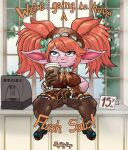 absurd_res beverage big_breasts big_hair bottomwear breasts brown_bottomwear brown_clothing brown_gloves brown_handwear brown_legwear brown_pantyhose brown_skirt brown_topwear cafe_cuties_poppy_(lol) clothed clothing dialogue eyelashes female footwear front_view fur gloves green_clothing green_eyes green_footwear green_shoes hair handwear hi_res holding_beverage holding_object humanoid humanoid_pointy_ears league_of_legends legwear nightlydayart orange_hair panties pantyhose pigtails pink_body pink_fur pointy_ears poppy_(lol) raised_bottomwear raised_clothing raised_skirt riot_games shoes shortstack sitting skirt solo tencent text thick_thighs topwear underwear wide_hips yordle