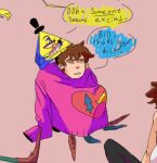 aged_up aroused_male bill_cipher clothed clothing dialogue digital_media_(artwork) dipper_pines disney duo euclidean_humanoid fully_clothed gravity_falls grin hair hat headgear headwear human humanoid male male/male mammal sharing_clothing sketch smile speech_bubble sweater teeth that1gayship topwear