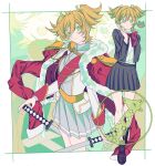  1girl :o absurdres aiguillette arm_behind_back badge belt blonde_hair border bow bowtie brown_shoes character_logo closed_mouth collared_shirt commentary_request daiba_nana dual_wielding epaulettes food frog fruit fur-trimmed_jacket fur_trim giraffe_(revue_starlight) green_eyes green_ribbon grey_jacket grey_skirt hair_between_eyes hair_ribbon hand_up head_tilt highres holding holding_food holding_fruit holding_sword holding_tomato holding_weapon jacket jacket_on_shoulders katana loafers long_sleeves looking_at_viewer multicolored_jacket multiple_views open_clothes open_jacket open_mouth outside_border parted_lips planted planted_sword pleated_skirt projected_inset red_bow red_bowtie red_jacket red_sash ribbon sash school_uniform seisho_music_academy_school_uniform shirt shirt_tucked_in shoes short_hair shoujo_kageki_revue_starlight shoulder_sash single_horizontal_stripe skirt smile spike_(stagecraft) standing star_(symbol) striped_clothes striped_skirt sword teeth tomato two-tone_jacket two_side_up upper_teeth_only weapon white_border white_jacket white_shirt yellow_belt yellow_trim yusaka_12 