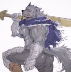 absurd_res anthro biceps big_butt biped blaidd_(elden_ring) bubble_butt bulge bulge_from_behind butt cangshuzi_ee canid canine canis clothed clothing elden_ring fromsoftware fur grey_body hi_res male male_anthro mammal muscular muscular_anthro muscular_male nipples partially_clothed scar simple_background smile solo tail teeth triceps wolf