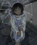  1girl absurdres amamoto_air black_eyes blush building commentary_request dot_nose dress highres holding holding_umbrella house long_sleeves manhole_cover one_eye_closed original outdoors overcast pinafore_dress plaid_clothes plaid_dress rain raincoat see-through_clothes see-through_raincoat shirt sky sleeveless sleeveless_dress solo transparent transparent_umbrella umbrella walking water wet white_shirt wind 