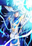  1girl absurdres blue_dress closed_mouth dress duel_monster eb_(ivy_ygo) gloves hair_over_one_eye hat highres long_hair looking_at_viewer red_eyes robe silent_magician silent_magician_zero solo very_long_hair white_gloves white_hair white_hat white_robe witch_hat yu-gi-oh! 