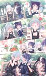  2girls absurdres bench black_dress cho_kaguya-hime! closed_eyes commentary_request day dress fanneko_o food highres imminent_kiss mole mole_under_eye multiple_girls open_mouth outdoors popsicle purple_eyes runami_yachiyo runami_yachiyo_(wego) sakayori_iroha sakayori_iroha_(wego) short_sleeves sitting sweat watermelon_bar yuri 