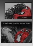 anthro bound cheek_tuft claws clothing comic dialogue dominant dominant_anthro dominant_male duo eye_contact face_to_face facial_tuft female fingerless_gloves fur gloves greyscale hair hair_grab handwear hat head_grab headgear headwear human katarina_du_couteau_(lol) kled_(lol) league_of_legends looking_at_another male mammal monochrome partially_colored red_hair riot_games russian_text scar sharp_teeth teeth tencent text touching_hair translation_request tuft unkle_fedya yordle