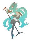  1girl absurdres aqua_hair aqua_necktie black_boots black_skirt boots commentary_request detached_sleeves eiku full_body grey_shirt hatsune_miku high_heel_boots high_heels highres long_hair microphone microphone_stand necktie profile shirt signature simple_background skirt sleeveless sleeveless_shirt solo twintails very_long_hair vocaloid white_background 