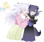  2girls :d absurdres animal_ears animalization bang_dream! bang_dream!_yumemita bare_shoulders black_dress blonde_hair cardigan chinese_commentary clinging closed_eyes commentary_request cowboy_shot dog_ears dog_tail dress droopy_ears floppy_ears fuji_miyako fuji_miyako_(real) highres kemonomimi_mode long_hair long_sleeves lop_rabbit_ears minetsuki_ritsu miyanaga_nonoka miyanaga_nonoka_(real) multiple_girls nakamachi_arale open_mouth pink_cardigan purple_hair rabbit_ears rabbit_girl simple_background smile standing surprised tail white_background xingchenhai599 yuri 