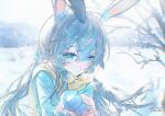  1girl alternate_costume amiya_(arknights) animal_ears aqua_coat aqua_eyes arknights bare_tree blush brown_hair character_snowman chinese_commentary coat commentary_request cupping_hands doctor_(arknights) endghostw hair_between_eyes hair_ornament half_updo highres long_hair looking_at_viewer outdoors own_hands_together pom_pom_(clothes) pom_pom_hair_ornament rabbit_ears rabbit_girl scarf smile snow snowman solo tree upper_body winter winter_clothes yellow_scarf 