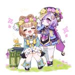  2girls :d ^_^ aqua_dress aqua_leg_warmers artist_name backpack_basket bandaged_arm bandaged_hand bandaged_leg bandages bead_necklace beads black_dress black_nails black_shoes blue_dress blue_umbrella blunt_bangs blush bow bow-shaped_hair bowtie braid braided_ponytail brooch brown_hair cape chinese_clothes closed_eyes closed_mouth closed_umbrella coin_hair_ornament commentary_request crossed_bangs dress eyelashes fingernails flower flower_wreath genshin_impact grass hair_between_eyes hair_flower hair_ornament hairclip happy hat hat_tassel head_wreath highres jewelry jiangshi layered_dress leg_warmers long_hair long_sleeves medium_hair multiple_girls nail_polish necklace notice_lines official_alternate_costume ofuda ofuda_on_head oishii_sasa on_rock open_mouth orb pink_flower pom_pom_(clothes) purple_cape purple_dress purple_eyes purple_hair purple_hat qingdai_guanmao qipao qiqi_(genshin_impact) rabbit_hair_ornament rock shoes sidelocks simple_background sitting smile standing tassel thighhighs twitter_username umbrella very_long_hair vision_(genshin_impact) watermark white_background white_bow white_bowtie white_flower white_thighhighs yaoyao_(genshin_impact) yaoyao_(rainlit_bamboo_reverie)_(genshin_impact) yellow_flower yin_yang yin_yang_orb yuegui_(genshin_impact) 