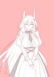  1girl apron arknights asymmetrical_horns black_dress blush breasts cassava_sketch closed_eyes closed_mouth collared_dress contrast_collar cowboy_shot demon_girl demon_horns dress facing_viewer frilled_dress frills hair_between_eyes hair_ornament hair_over_shoulder highres horns jewelry large_breasts long_hair long_sleeves maid maid_apron monochrome multiple_rings necktie pink_background puffy_sleeves ring ring_on_every_finger sidelocks simple_background sketch sleeve_cuffs smile solo standing theresa_(arknights) uneven_horns very_long_hair 