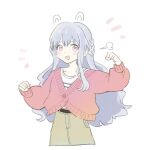  1girl bang_dream! bang_dream!_yumemita brown_skirt cardigan commentary drawn_ears grey_hair long_hair long_sleeves m_(226mmy) miyanaga_nonoka open_mouth pink_cardigan pink_eyes simple_background skirt solo white_background 