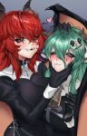  absurdres animal_ears black_dress black_gloves black_sclera blue_eyes breasts coffin_hair_ornament colored_sclera commentary cow_ears cow_girl cow_horns crelly crelly_(mold_mother) cross dragon_girl dragon_horns dress english_commentary gloves green_hair haerong hands_on_another's_cheeks hands_on_another's_face headpat heterochromia highres horns indie_virtual_youtuber large_breasts long_hair makeup mole mole_under_mouth red_eyes red_hair runny_makeup socks_agency virtual_youtuber yellow_eyes yuri zentreya zentreya_(dragon) 