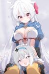  2girls ahoge black_gloves blue_eyes blue_hairband breasts cleavage closed_mouth commentary_request deyui drooling female_tyrant_(stella_sora) fuyuka_(stella_sora) gloves grey_hair hairband heart heart-shaped_pupils highres large_breasts long_hair long_sleeves looking_at_viewer multiple_girls open_mouth pantyhose pink_eyes pointy_ears sitting smile stella_sora symbol-shaped_pupils tyrant_(stella_sora) very_long_hair white_hair yellow_pantyhose yuri 