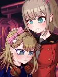  2girls aqua_eyes blue_jacket blunt_bangs blunt_ends blurry blurry_background blush bow breasts brown_hair chinese_commentary closed_mouth commentary downturned_eyes earrings eyelashes grey_hairband hair_behind_ear hair_between_eyes hair_bow hair_ornament hairband hand_on_another's_head headpat headphones headphones_around_neck height_difference highres indoors jacket jewelry kurumi_wendy looking_at_another looking_down master_detective_archives:_rain_code medium_breasts medium_hair multiple_girls parted_lips pink_bow pucci_lavmin rabbit_hair_ornament red_jacket sidelocks smile spiked_hair stud_earrings tolodog 
