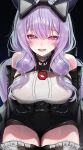  1girl absurdres arknights arknights:_endfield bare_shoulders black_background black_shorts black_thighhighs blush breasts commentary detached_sleeves english_commentary highres horns large_breasts long_hair looking_at_viewer lower_teeth_only open_mouth pink_eyes purple_eyes purple_hair shorts sidelocks sitting smile solo teeth thighhighs thighs typhoeus_(arknights) typhon_(arknights) vitaminechan 