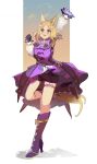  1girl animal_ears arm_up blonde_hair blush boots bow bowtie breasts commentary_request dress ear_covers gloves grey_bow grey_bowtie highres hissinikaiteru horse_ears horse_girl horse_tail long_sleeves looking_at_viewer narita_top_road_(the_proud_road)_(umamusume) narita_top_road_(umamusume) open_mouth photoshop_(medium) purple_boots purple_dress purple_eyes purple_shorts short_hair shorts single_ear_cover smile solo standing standing_on_one_leg tail umamusume 