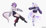  2girls ayatsuno_yuni belt black_belt closed_mouth commentary_request dragon_girl dragon_horns dragon_tail full_body grey_hair hair_bun hair_ornament highres horns korean_commentary kuren_kren leg_warmers long_sleeves looking_at_viewer multicolored_hair multicolored_tail multiple_girls official_art open_mouth pointy_ears purple_eyes purple_hair sakihane_huya shoes short_hair simple_background sitting smile standing standing_on_one_leg stellive striped_clothes striped_thighhighs tail teeth thighhighs tongue tongue_out unicorn_girl upper_teeth_only virtual_youtuber white_background white_leg_warmers white_shoes yellow_eyes 