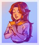  1girl artist_name border closed_eyes commentary cropped_torso highres issycake long_hair malon neckerchief open_mouth orange_hair own_hands_together pointy_ears shirt singing smile solo teeth the_legend_of_zelda the_legend_of_zelda:_ocarina_of_time upper_teeth_only white_border white_shirt yellow_neckerchief 