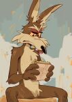  1boy animal_ears closed_mouth coyote_boy coyote_vs._acme english_commentary fang fang_out food furry furry_male highres holding holding_food looking_at_food looney_tunes male_focus sandwich shin_(hemuchang) sitting tongue tongue_out wile_e_coyote wolf_ears 