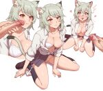  1boy 1girl absurdres animal_ear_fluff animal_ears black_socks blush bra breasts brown_eyes cat_ears cat_girl cat_tail cigarette ear_piercing female_pubic_hair green_hair hetero highres holding holding_cigarette kneehighs large_breasts large_penis loafers medium_hair nipples one_breast_out panties panties_around_one_ankle panties_around_one_leg penis penis_on_cheek piercing pleated_skirt pubic_hair satou_yaniko scene_reference shoes simple_background sitting skirt socks tail todding uncensored underwear wariza white_bra white_panties yani_neko 