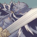  1boy abs animal_ears bara black_fur blaidd_the_half-wolf closed_mouth cross_scar elden_ring english_commentary furry furry_male greatsword highres holding holding_sword holding_weapon looking_at_viewer male_focus muscular muscular_male neoul_4623 pectorals scar scar_on_chest scar_on_face smile sword weapon wolf_boy wolf_ears 