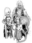  1boy 2girls :d absurdres armor bare_shoulders bow braid chaldea_logo commentary_request cup fate/grand_order fate_(series) gauntlets greaves hair_over_one_eye highres holding holding_cup large_horns larva_tiamat_(fate) larva_tiamat_(swimsuit_archer)_(second_ascension)_(fate) long_hair mash_kyrielight mash_kyrielight_(paladin) monochrome multiple_girls open_mouth pleated_skirt pointy_ears sa10_e sailor_collar short_sleeves simple_background skirt smile solomon_(fate) tail tiamat_(fate) white_background 