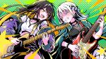  2girls bang_dream! bang_dream!_our_notes black_choker black_hair blonde_hair blue_eyes blush bracelet breasts choker cleavage commentary_request earrings electric_guitar fang fender_telecaster green_jacket guitar guitar_strap hair_ornament hairclip highres holding holding_guitar holding_instrument holding_plectrum instrument jacket jacket_on_shoulders jewelry long_hair long_sleeves mahashi_miku medium_breasts midriff multiple_girls open_mouth pleated_skirt plectrum purple_jacket see-through_cleavage see-through_clothes shirt skirt suga_raika teeth upper_teeth_only white_hair white_shirt ya-1_(yaiyai123) yellow_eyes 