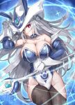  1girl adapted_costume animal_ears breasts clothing_cutout commentary detached_sleeves duel_monster fake_animal_ears gloves grey_hair hat highres hip_vent holding holding_staff leotard long_hair memento_vivi nontraditional_playboy_bunny pantyhose rabbit_ears red_eyes silent_magician staff untranslatable_commentary white_gloves white_hat wizard_hat yu-gi-oh! 