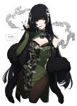  1girl absurdres black_coat black_hair black_pantyhose blunt_bangs blunt_ends breasts character_request chinese_clothes chinese_hairpin cleavage cleavage_cutout clothing_cutout coat coat_partially_removed commentary_request copyright_request cropped_legs dress earrings fur_coat green_eyes hair_ornament hair_stick highres hime_cut holding holding_smoking_pipe jewelry large_breasts long_hair looking_at_viewer mandarin_collar mugimeshi_(midorimugi008) pantyhose parted_lips pelvic_curtain qipao side_slit simple_background smile smoke smoking smoking_pipe solo 