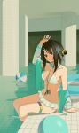  1girl arknights arm_up ball beachball bikini black_eyes black_hair blue_jacket breasts commentary_request dream_pool feather_hair goggles goggles_around_neck hair_intakes highres hinami047 indoors innertube jacket jacket_over_swimsuit la_pluma_(arknights) la_pluma_(summer_flowers)_(arknights) lanyard liminal_space looking_at_viewer medium_breasts off_shoulder parted_lips pool reflection reflective_liquid ruffle_bikini side-tie_bikini_bottom sitting soaking_feet solo stomach swim_goggles swim_ring swimsuit thigh_strap tile_floor tile_wall tiles unzipped whistle whistle_around_neck white_bikini 