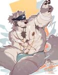  1boy abs absurdres animal_ears another_eidos-r armpit_hair armpits bandana bara beard biceps black_bandana bulge commentary_request facial_hair full_house_(another_eidos) furry furry_male grey_fur highres looking_at_viewer male_focus muscular muscular_male navel nipples pawpads pectorals topless_male wolf_boy wolf_ears zhengshizi 