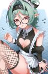  1girl absurdres alternate_costume apron bare_shoulders black-framed_eyewear black_dress black_hairband blush breasts cleavage_cutout clothing_cutout collarbone detached_sleeves dress fishnet_thighhighs fishnets frilled_apron frills from_above glasses green_hair hair_ornament hairband hairclip heart heart_cutout highres knees_up looking_at_viewer maid maid_headdress medium_breasts open_mouth pointy_ears red_eyes roxy_ifrita_pryce serafhin single_thighhigh sitting solo thighhighs white_apron zenless_zone_zero 