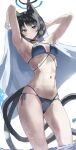  1girl absurdres animal_ears armpits arms_behind_head bikini black_eyes black_hair blue_archive blue_bikini blue_halo blush breasts cat_ears cat_girl cat_tail commentary halo highres holding holding_towel kikyou_(blue_archive) kikyou_(swimsuit)_(blue_archive) lazyramen looking_at_viewer medium_breasts multiple_tails navel nekomata official_alternate_costume short_hair solo stomach swimsuit tail towel two_tails 