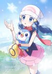  1girl bag bare_shoulders beanie black_socks blue_eyes blue_hair blush boots commentary_request dawn_(pokemon) duffel_bag hair_ornament hairclip hat highres holding holding_pokemon long_hair open_mouth peron_(niki2ki884) pink_boots pink_skirt piplup poke_ball_print pokemon pokemon_(creature) pokemon_diamond/pearl/platinum poketch red_scarf scarf shirt skirt sleeveless snow snowing socks watch white_hat wristwatch 