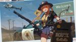  1girl absurdres aircraft ballistic_shield bare_legs black_gloves black_hat black_jacket blonde_hair blue_skirt border breasts california_highway_patrol car commentary_request cowboy_shot dodge_(company) dodge_charger dodge_charger_(7th_generation) fingerless_gloves girls'_frontline gloves gun hat helicopter highres holding holding_weapon horns jacket kto_znaet large_breasts long_hair looking_at_viewer m870_(girls'_frontline) motor_vehicle mountain open_collar open_mouth pleated_skirt police police_car police_helicopter pump_action red_horns remington_870 road_sign route_66 shield shirt shotgun sign skirt sky solo twintails utility_pole weapon white_border yellow_shirt 