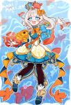  1girl absurdres black_pantyhose blue_crown blue_dress blue_eyes bow commentary crown dress english_commentary fish full_body gin_gin_gitsune goldfish hair_bow highres looking_at_viewer marimari_(marimari_2.0)_(vtuber) marimari_(vtuber) open_mouth orange_bow pantyhose phase_connect short_eyebrows side_ponytail solo teeth virtual_youtuber 