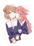  2girls @_@ animal_ears biting biting_cheek book brown_hair closed_eyes commentary dog_ears dress green_eyes hand_on_another's_arm hanyu0205 highres holding holding_book kagari_mimi kemonomimi_mode kimi_ga_shinu_made_koi_wo_shitai long_hair multiple_girls pink_background pink_hair purple_dress sailor_collar sailor_dress school_uniform short_hair simple_background totsuki_shiina upper_body white_sailor_collar yuri 