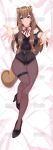  1girl absurdres albannastudios animal_ear_fluff animal_ears arm_strap artist_name bare_arms bare_shoulders belt black_belt black_leotard black_shoes blunt_bangs blush breasts brown_hair brown_pantyhose cleavage closed_mouth collarbone commentary_request dakimakura_(medium) english_commentary frilled_arm_strap full_body groin hair_between_eyes hair_tubes high_heels highres leotard long_hair looking_at_viewer medium_breasts merchandise_available metal_hair_tubes metal_wrist_cuffs mixed-language_commentary neck_ribbon pantyhose raccoon_ears raccoon_girl raccoon_tail raphtalia red_eyes red_ribbon ribbon shoes smile solo straight-on straight_hair strapless strapless_leotard tail tanuki tate_no_yuusha_no_nariagari thigh_belt thigh_strap watermark 