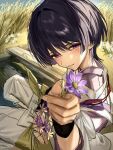  1boy armor black_hair blunt_ends blush bow clothing_cutout commentary_request eyeliner flower genshin_impact grass hands_up highres holding holding_flower incoming_gift japanese_armor japanese_clothes kariginu kimono kote kurokote layered_sleeves looking_at_viewer makeup male_focus open_mouth outdoors pants pelvic_curtain purple_bow purple_eyes purple_flower purple_kimono red_eyeliner scaramouche_(genshin_impact) scaramouche_(kabukimono)_(genshin_impact) short_sleeves shoulder_cutout sitting solo tasuki tsurime white_flower white_pants white_sleeves wispy_bangs wolf_cut yu_(geda4335) 