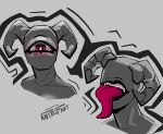 1_eye 2_horns ambiguous_gender antrofart artist_name big_eye black_lips blush bust_portrait colored curled_horn demon demon_humanoid eyebrows eyelashes eyeless fangs front_view grey_background grey_body head_horn hi_res horn humanoid lips looking_at_viewer mostly_greyscale mouni_(antrofart) pink_eyes pink_tongue portrait simple_background solo spot_color square_irises teeth text three-quarter_view tongue tongue_out