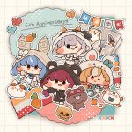  4girls :d ;) ;d ameya_(kappadoll) animal_hood anniversary bear_hood blonde_hair blue_hair blush_stickers carrot chibi chibi_only closed_mouth commentary_request cow_hood fang full_body green_eyes grey_hair grid_background hand_up heterochromia highres hololive hololive_fantasy hood hood_up houshou_marine long_hair looking_at_viewer multicolored_hair multiple_girls one_eye_closed open_mouth orange_eyes outline pekomon_(usada_pekora) rabbit_hood red_eyes red_hair shiranui_flare shirogane_noel short_hair skin_fang smile streaked_hair streamers sword usada_pekora virtual_youtuber weapon white_outline white_streaks yellow_eyes 